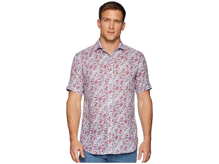 Bugatchi Short Sleeve One-piece Spread Collar Woven Shaped (pimento) Men's Clothing