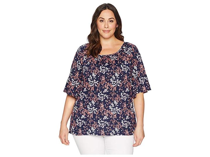 Michael Michael Kors Plus Size Scatter Blooms Cotton Peasant Top (true Navy/bright Blush) Women's Short Sleeve Knit