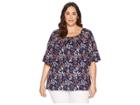 Michael Michael Kors Plus Size Scatter Blooms Cotton Peasant Top (true Navy/bright Blush) Women's Short Sleeve Knit