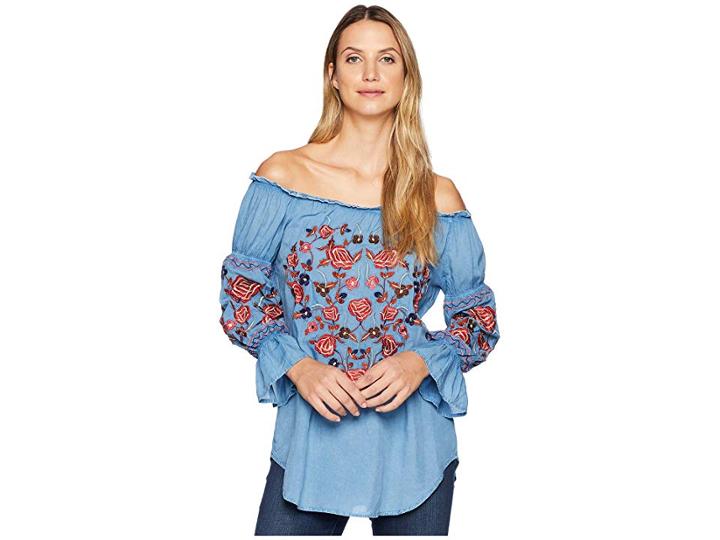 Scully Bara Off The Shoulder Boho Embroidered Top (avalanche Blue) Women's Clothing