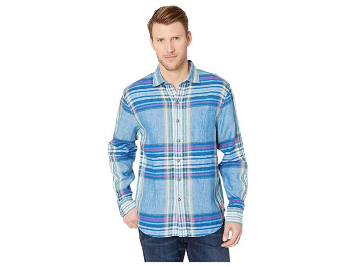 Tommy Bahama Pecona Plaid Linen Shirt (cobalt Sea) Men's Long Sleeve Button Up