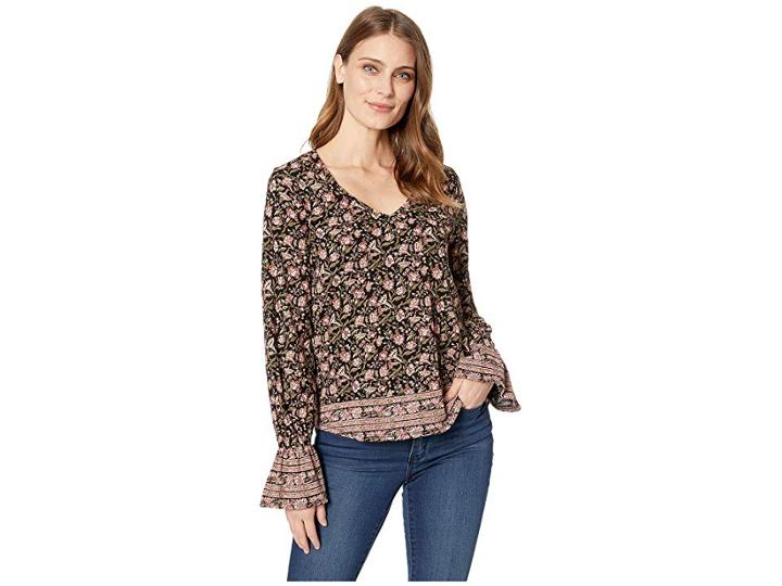 Lucky Brand Border Print Cinched Sleeve Top (black Multi) Women's Clothing