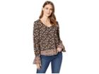 Lucky Brand Border Print Cinched Sleeve Top (black Multi) Women's Clothing