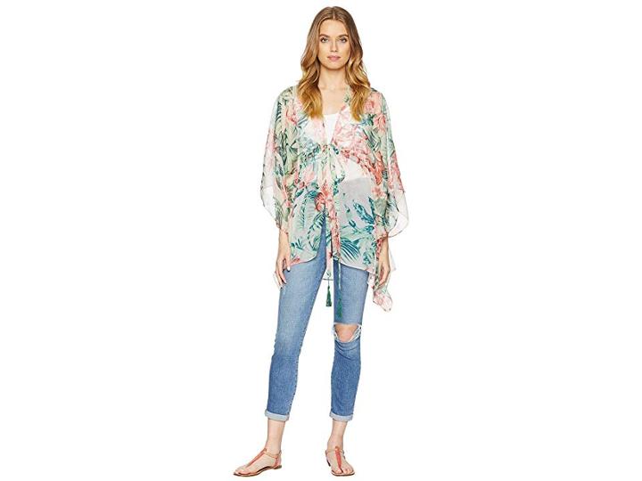 Bcbgeneration Tropical Floral Tie Waist Kimono (light Coral Multi) Women's Clothing