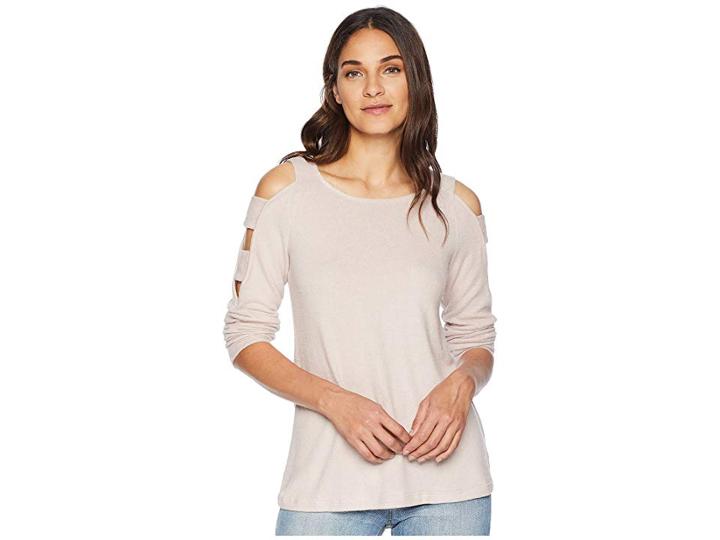 Pink Rose Cold Shoulder Long Sleeve Strapped Top W/ Banded Cuff (rose Water/ivory Marled) Women's Clothing