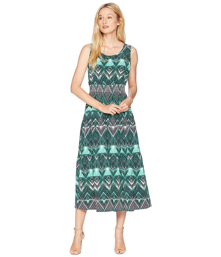 Nine West Stretch Crepe Sleeveless Midi Tier Dress With Smocked Waist (paradise Multi) Women's Dress