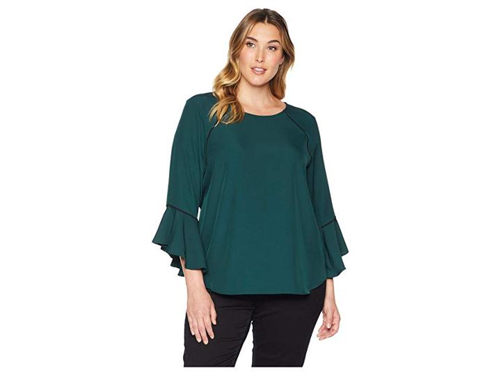 Calvin Klein Plus Plus Size Crew Neck W/ Flare Sleeve And Pipping Blouse (malachite) Women's Blouse