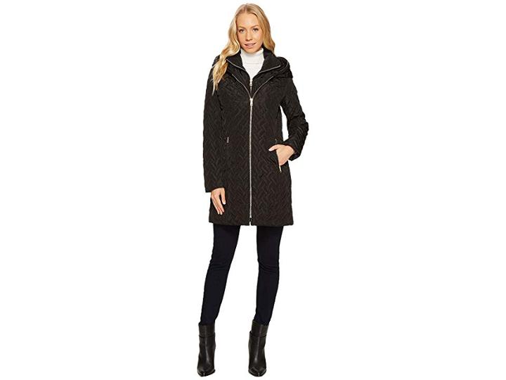Cole Haan Hooded Signature Quilt Zip Front Coat (black) Women's Coat