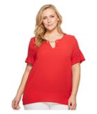 Michael Michael Kors Plus Size Woven Mix Short Sleeve Chain Top (true Red) Women's Clothing