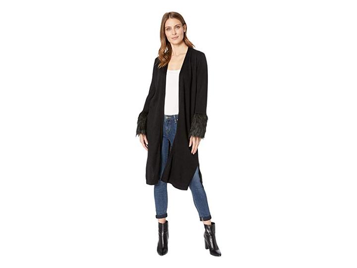 Vince Camuto Long Sleeve Faux Fur Cuff Cardigan (rich Black) Women's Sweater
