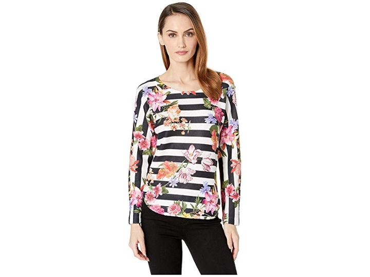Nally & Millie Stripe Floral Print Top (multi) Women's Clothing