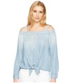 Tribal Printed Lyocell Denim Tie Front Off Shoulder Shirt (bleach Blue) Women's Clothing