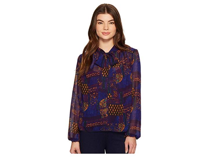 Romeo & Juliet Couture Printed Neck Bow Top (purple) Women's Clothing