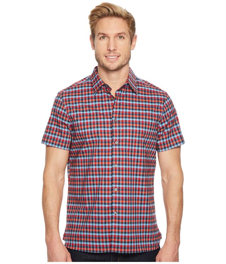 Perry Ellis Short Sleeve Stretch Checkered Plaid Shirt (alaskan Blue) Men's Clothing