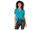 Bebe Logo Lace-up Short Sleeve Top (deep Lake) Women's Blouse