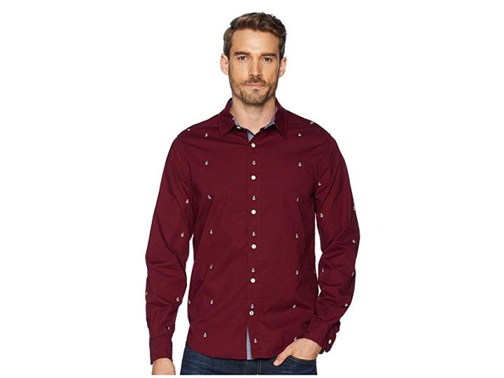 Nautica Long Sleeve Multicolor Anchor Print Woven Shirt (zinfandel) Men's Clothing