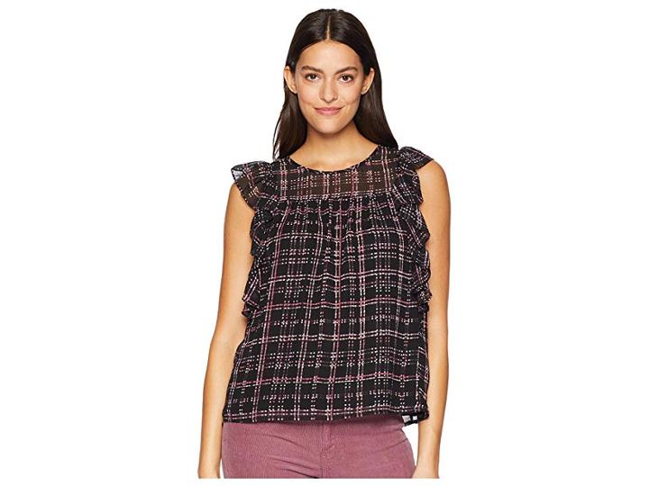 Cece Ruffle Sleeve Sloan Plaid Blouse (rich Black) Women's Blouse