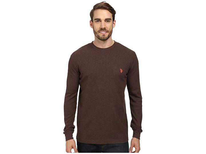 U.s. Polo Assn. Long Sleeve Crew Neck Solid Thermal Shirt (brown Heather) Men's Long Sleeve Pullover