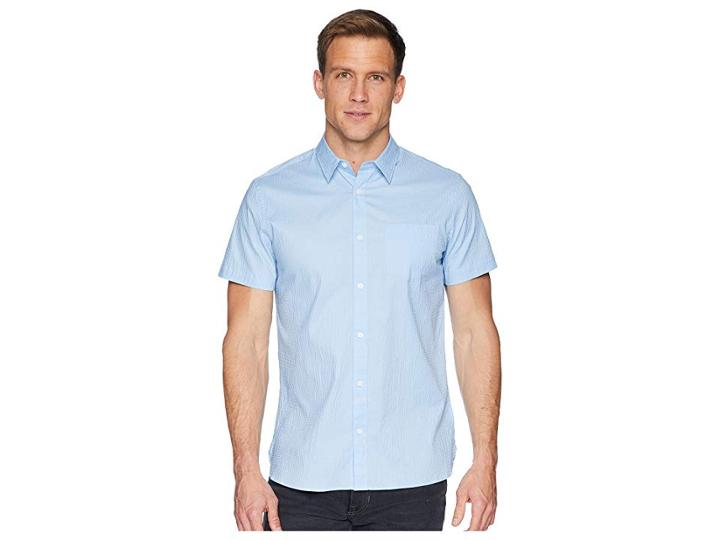Calvin Klein Short Sleeve Set On Placket Tonal Seersucker Button Down (clear Sky) Men's Clothing