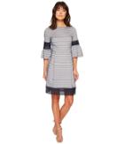 Ivanka Trump Lace Trim Bell Sleeve Novelty Stripe Dress (blue/ivory) Women's Dress