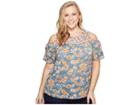 Lucky Brand Plus Size Floral Print Tie Cold Shoulder Top (blue Multi) Women's Short Sleeve Pullover