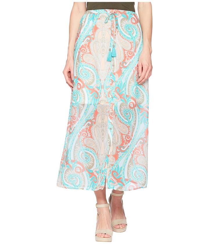 Tribal Printed 37 Pull-on Maxi Skirt With Tassel (coral) Women's Skirt