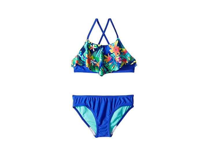 Speedo Kids Hidden Tropical Ruffle Two-piece (big Kids) (dark Peri) Girl's Swimwear Sets