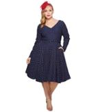 Unique Vintage Plus Size Long Sleeve Maude Swing Dress (navy/pink Dot) Women's Dress