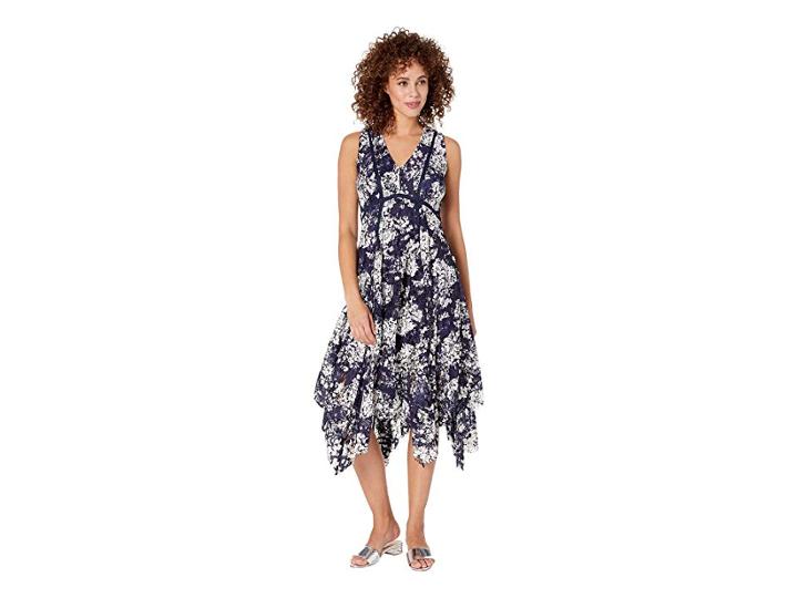 Taylor Sleeveless Printed Lace Hankerchief Hem Dress (navy/ivory) Women's Dress