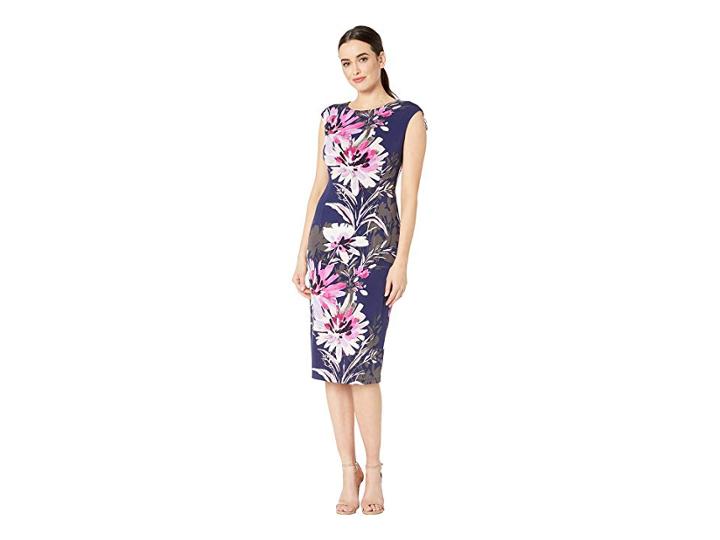 London Times Japanese Peony Midi Sheath (navy/pink) Women's Dress