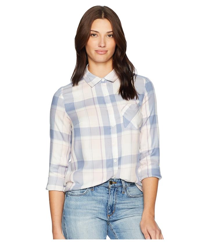 Alexander Jordan Long Sleeve One-pocket Shirt W/ Bust Darts And Hi-lo Bottom (denim/pink Plaid) Women's Clothing