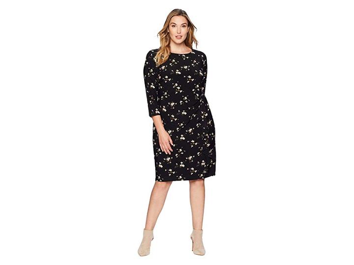 Lauren Ralph Lauren Plus Size Flutter Floral Amadora 3/4 Sleeve Day Dress (black/blush/multi) Women's Dress