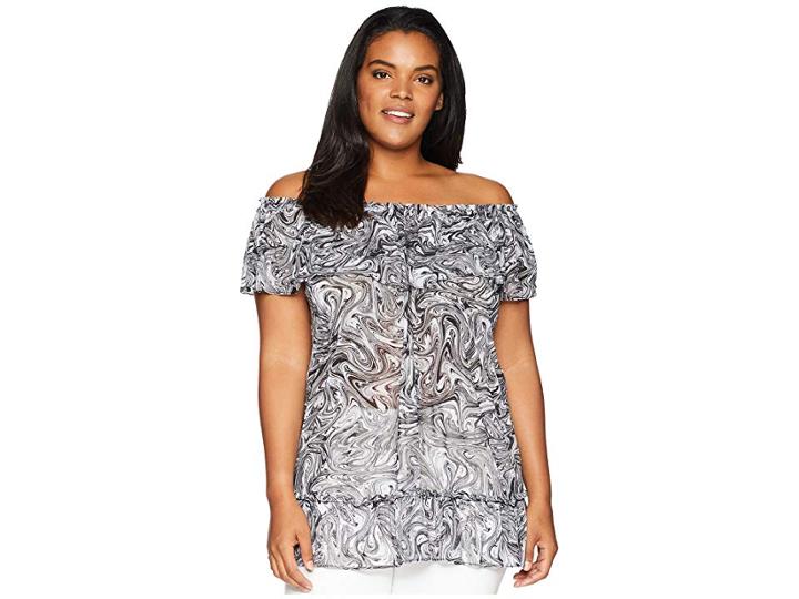 Michael Michael Kors Plus Size Swirl Off Shoulder Gather Top (white/black) Women's Short Sleeve Knit