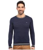 Lacoste Long Sleeve Double Face Chine Stripe Crew Neck Sweater (midnight Blue Chine/navy Blue/flour) Men's Sweater