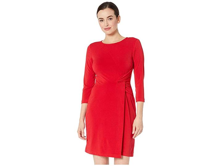 Eci Scoop Neck 3/4 Sleeve Overlayed Stretch Dress (red) Women's Dress