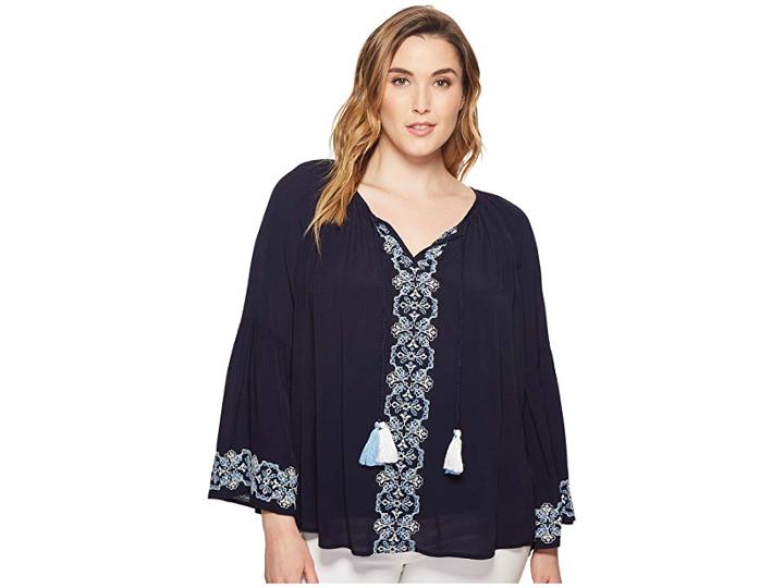 Karen Kane Plus Plus Size Embroidered Double Tassel Top (navy) Women's Clothing