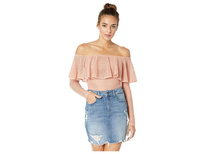 Bcbgmaxazria Off-the-shoulder Eyelet Lace Bodysuit (light Apricot Mist) Women's Jumpsuit & Rompers One Piece