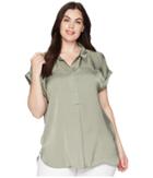Vince Camuto Specialty Size Plus Size Short Sleeve Collared Henley Rumple Blouse (camo Green) Women's Blouse