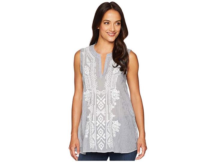 Dylan By True Grit Artisan Sleeveless Stripe Tunic With White Embroidery (indigo) Women's Sleeveless