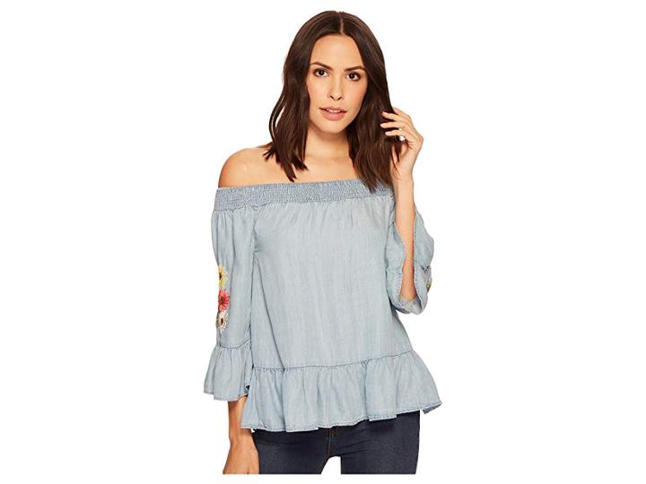 Miss Me Off The Shoulder Flower Embroidered Blouse (denim Blue) Women's Blouse