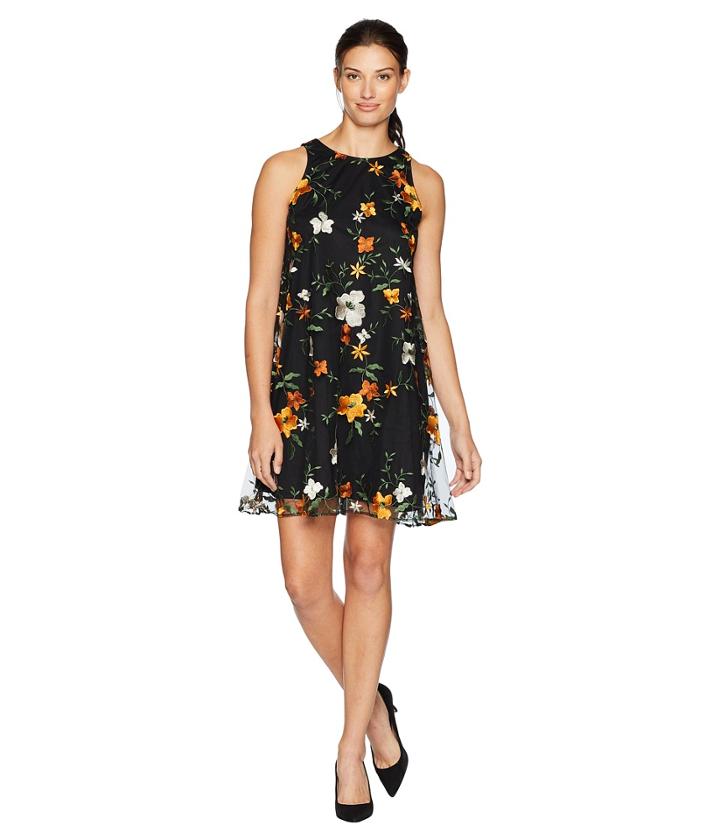 Eci Floral Embroidered Sleeveless Swing Dress (black/yellow) Women's Dress
