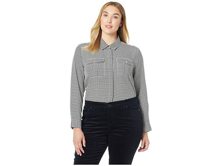 Lauren Ralph Lauren Plus Size Crepe Button Down Shirt (cream/black) Women's Long Sleeve Button Up