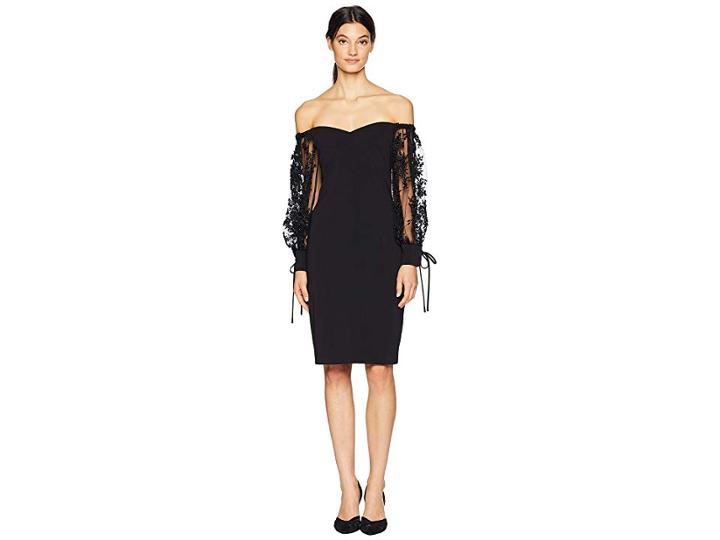 Badgley Mischka Off The Shoulder Beaded Sleeve (black) Women's Dress