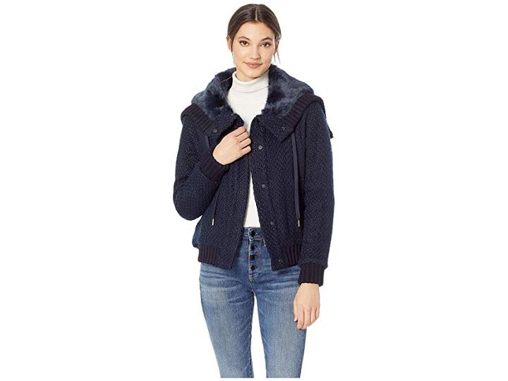 Juicy Couture Hard Woven Boucle Jacket W/ Faux Fur Hood (regal) Women's Coat
