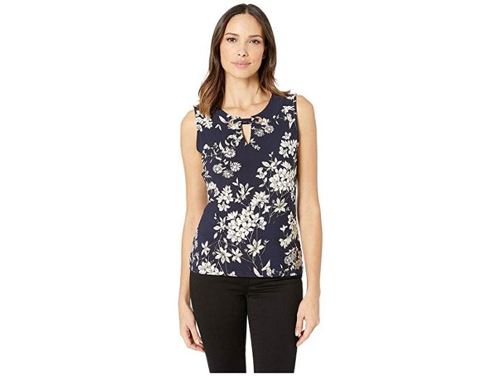 Tommy Hilfiger Floral Print Grommet Sleeveless Knit Top (midnight Multi) Women's Clothing