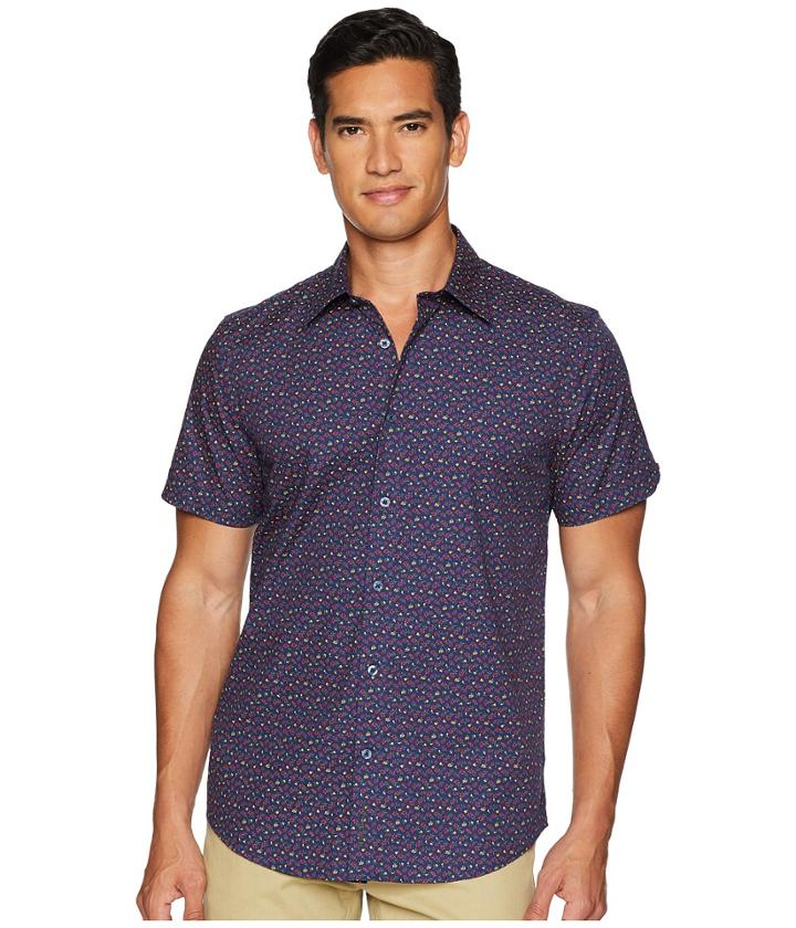 Ben Sherman Short Sleeve Micro Floral Print Shirt (dark Blue) Men's Short Sleeve Button Up