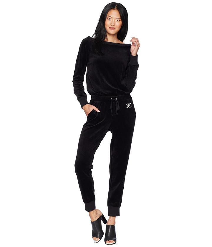 Juicy Couture Track Velour Juicy Mania Long Sleeve Jumpsuit (pitch Black) Women's Jumpsuit & Rompers One Piece