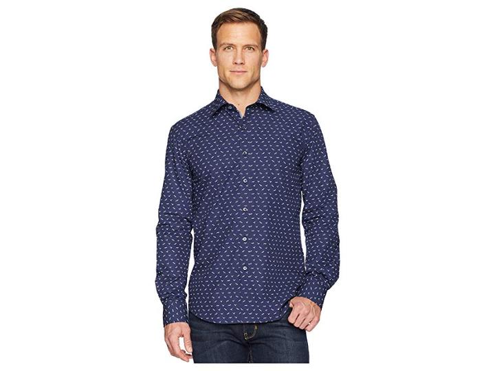 Bugatchi Long Sleeve Point Collar Woven Shaped (navy) Men's Clothing