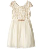 Us Angels Short Sleeve Bonded Glitter Lace Dress W/ Tulle (big Kids) (gold) Girl's Dress