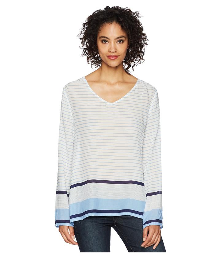 Dylan By True Grit Surf Stripe Long Sleeve Soft Rayon Blouse (chambray/white) Women's Blouse